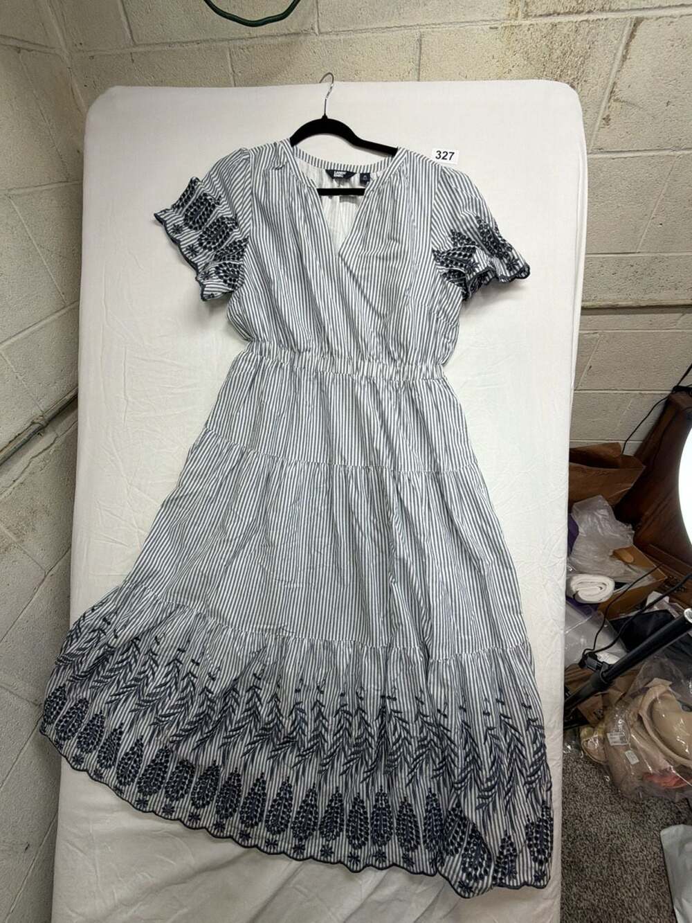 Lands' End Blue and White Striped Embroidered Tiered Maxi Dress Size M